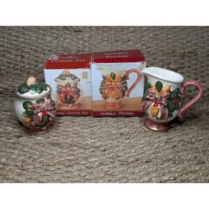 Vintage Christmas Holly Cream & Sugar Set Ceramic Holiday Tabletop Decor